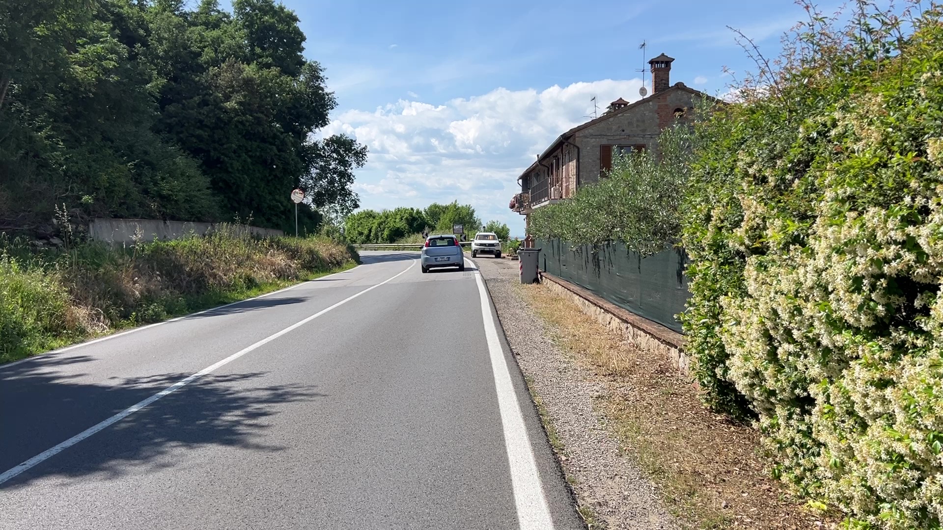 Abschnitt des Radwegs auf der SR 599, mit Bäumen auf der linken Seite und Häusern mit Seeblick auf der rechten Seite. Gut gepflegte und schattige Straße.